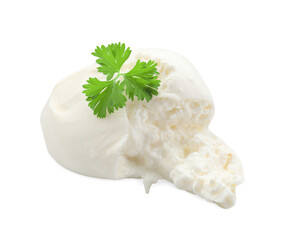 Delicious burrata cheese and parsley isolated on white