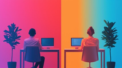 A split screen image showing an employee working at a desk in an office and at home, both environments connected through digital networks, vibrant colors, futuristic.