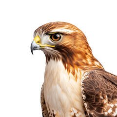Naklejka premium Red tailed hawk with intense gaze and feathers ruffled by wind isolated on a transparent background 