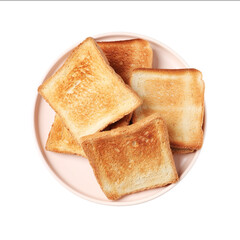Delicious toasted bread slices isolated on white, top view