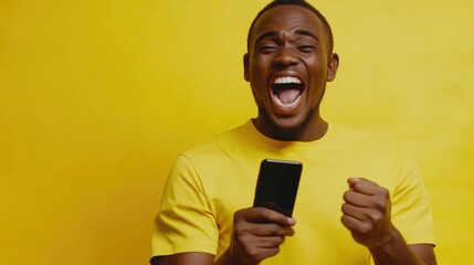Excited Phone User in Colorful Environment