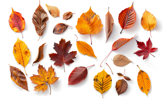Colorful autumn leaves arrangement. Various shapes and sizes of foliage in vibrant red, orange and yellow hues. Cutout seasonal collection showcasing nature's palette during fall