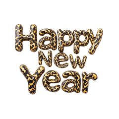 Naklejka premium Text Happy New Year shaped from intertwined gold and black snakes with detailed scales and patterns isolated on a transparent background 