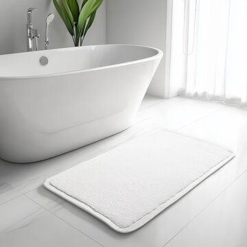 Soft white bath mat isolated on light tiled bathroom floor next to a modern freestanding bathtub in a well lit space