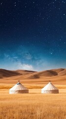 The night sky is filled with the Milky Way as yurts rest peacefully in the steppe, showcasing a tranquil scene illuminated by the stars