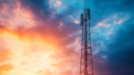 Telecommunications Tower Against Sunset Sky with Antenna. AI generated illustration