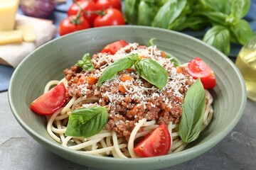 Delicious pasta bolognese with basil and tomatoes on grey table, closeup