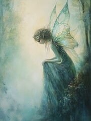 Ethereal Fairy like Being with Iridescent Wings in Dreamlike Impressionist Forest Scene