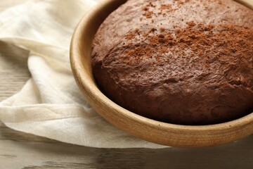 Chocolate dough in bowl on wooden table, closeup