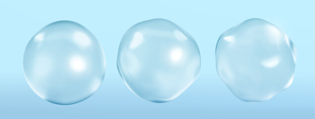 Collagen serum bubbles on blue background. Cosmetic essence. Concept skincare cosmetics solution. Vector realistic illustration