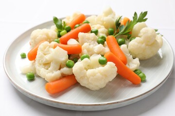 Tasty cauliflower with baby carrots and green peas on white table, closeup