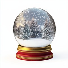 A snow globe featuring a winter landscape with trees and snowflakes set against a white background capturing a tranquil scene