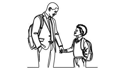 Black father holding the hand of his son in a school line art vector