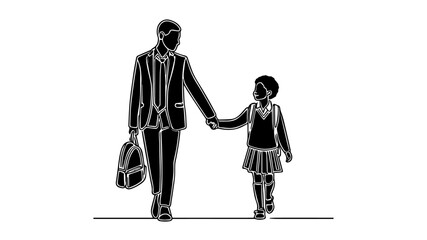 A black father holding the hand of his smiling daughter wearing a school uniform line art vector