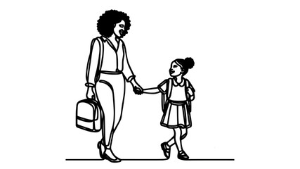black mother holding the hand of smiling daughter single line art vector