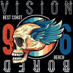Illustration of a skull with wings in vibrant colorful tattoo style!!! Texts in urban, sporty and beach surf style. California paradise city, spots and images of big waves. Skate beach