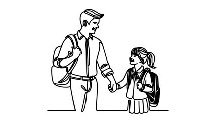 a father holding the hand of his smiling daughter wearing a school uniform line art drawing