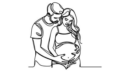A husband with his hands on his pregnant wife belly line art drawing