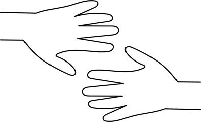 Simple line drawing of two hands reaching out, white background. Connection and support concept