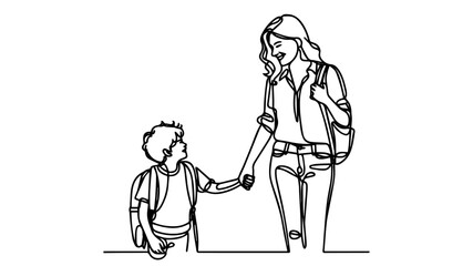 mother holding hand of her cheerful little boy wearing a backpack line art drawing vector