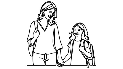 mother holding hand of her smiling daughter wearing a backpack one line illustration vector
