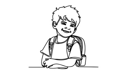 a smiling little boy wearing a backpack one line art vector