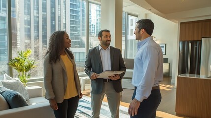 A real estate agent discusses property options with clients in a modern high-rise apartment during a sunny afternoon