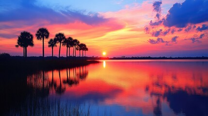 A vibrant sunset over a Florida lake, with palm trees silhouetted against the colorful sky and the water reflecting the hues.
