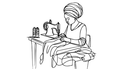 african Seamstress Sewing Fabric line art drawing