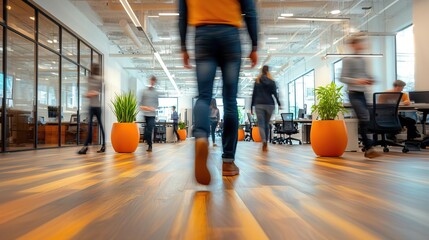 Dynamic office environment with professionals navigating through a modern workspace filled with plants and bright decor.