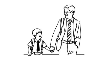An asian father holding the hand of his smiling son line art