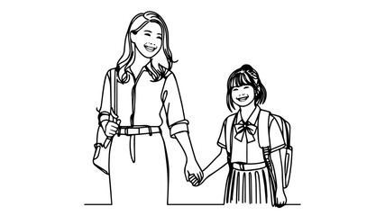 An asian mother holding the hand of daughter with a school uniform line art drawing