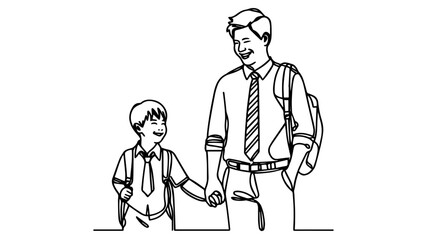 An asian father holding the hand of his smiling son with a school uniform line art drawing