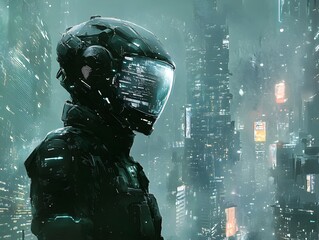 A Mysterious Cybernetic Figure Stands Tall in a Dystopian Cityscape Shrouded in High Tech Enigma
