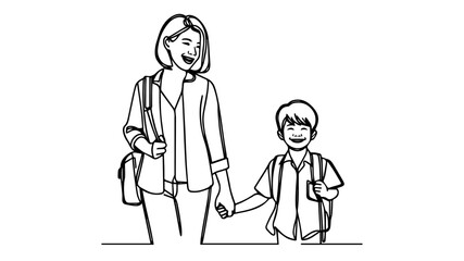 asian mother with son on way to school line art drawing vector