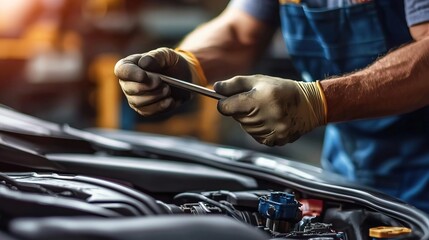 Close-up of a mechanic working on a car engine, using a wrench to fix automotive components with care and precision.