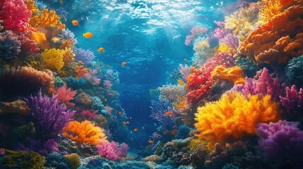 Fototapeta premium A vibrant underwater ocean scene featuring colorful coral reefs and a variety of marine life, capturing the richness of the ocean with ample copy space.