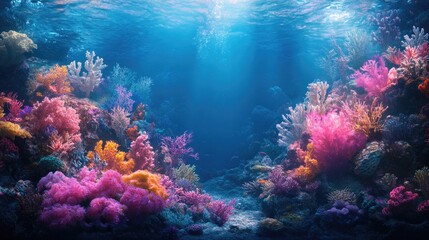 Fototapeta premium A vibrant underwater ocean scene featuring colorful coral reefs and a variety of marine life, capturing the richness of the ocean with ample copy space.