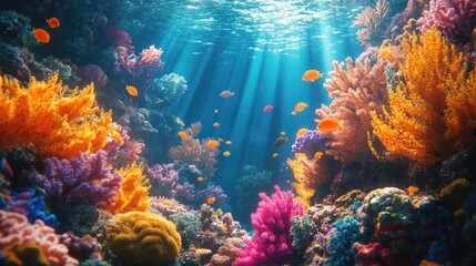 Naklejka premium A vibrant underwater scene featuring colorful coral reefs and diverse marine life, perfect for creating an engaging ocean life background with ample copy space.