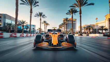 Obraz premium Orange Formula 1 racing car on the streets of Las Vegas at dusk