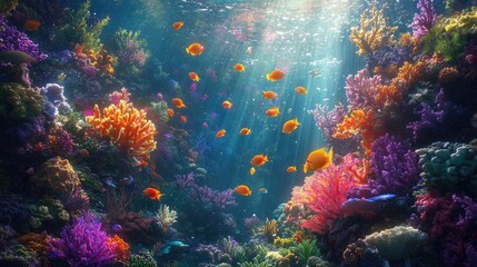 A vibrant underwater scene with colorful coral reefs and schools of tropical fish swimming among the coral, illuminated by sunlight filtering through the water.