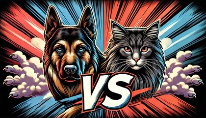 Dog and cat facing each other with "VS" subtly integrated into the background