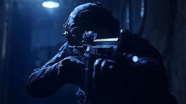 Skilled Rebel Operative Navigating Dimly Lit Mission With Agile Movements and High Tech Gadgets - Powered by Adobe