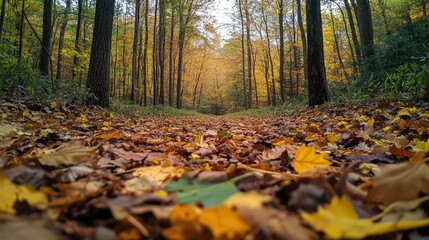 A view of a forest floor covered in freshly fallen leaves, with varying shades of green, yellow, and brown.