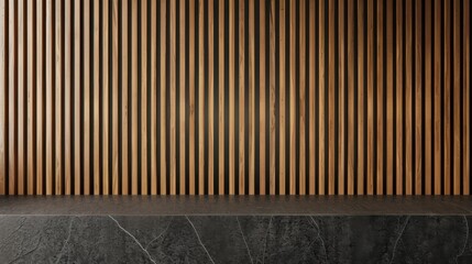 Black kitchen countertop on wooden wall panels made of vertical slats. Empty stone tabletop for luxury beauty and bar products presentation.