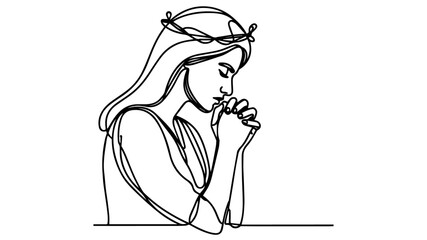 christian woman praying with joined hands line art drawing