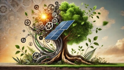 Fusion of Nature and Tech: A tree with half of its trunk and branches transformed into mechanical parts, with leaves made of solar panels