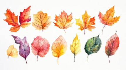 Fototapeta premium A watercolor illustration of various fall leaves in rich autumnal colors, ideal for artistic and seasonal designs with ample copy space.