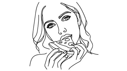 closeup beautiful woman eating a cheesy pizza slice line art drawing 