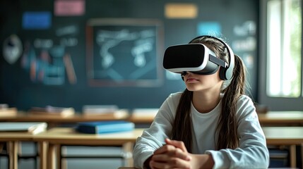 A young student experiencing virtual reality technology in a classroom environment, showcasing modern education techniques.